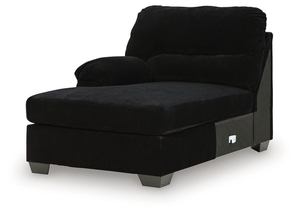 Corner chaise with dark upholstery, wide chaise seat, and squared side panel