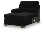 Corner chaise with dark upholstery, wide chaise seat, and squared side panel