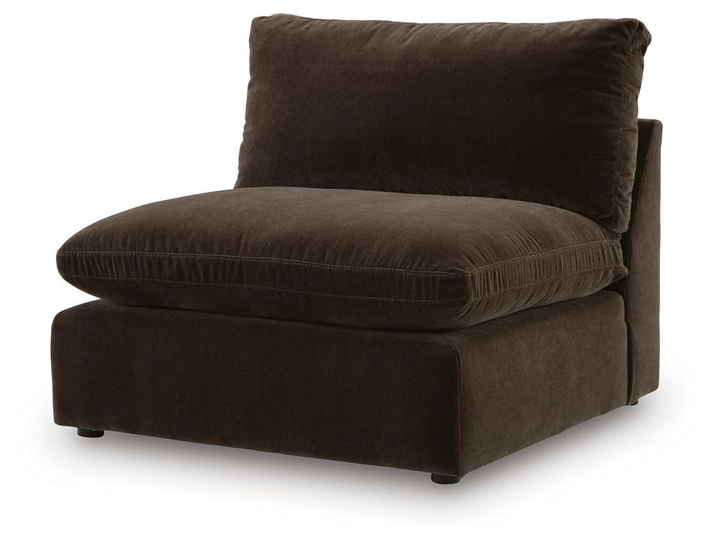Armless chair with ottoman-style seat and tall back cushion in dark brown upholstery