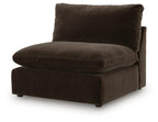 Armless chair with ottoman-style seat and tall back cushion in dark brown upholstery