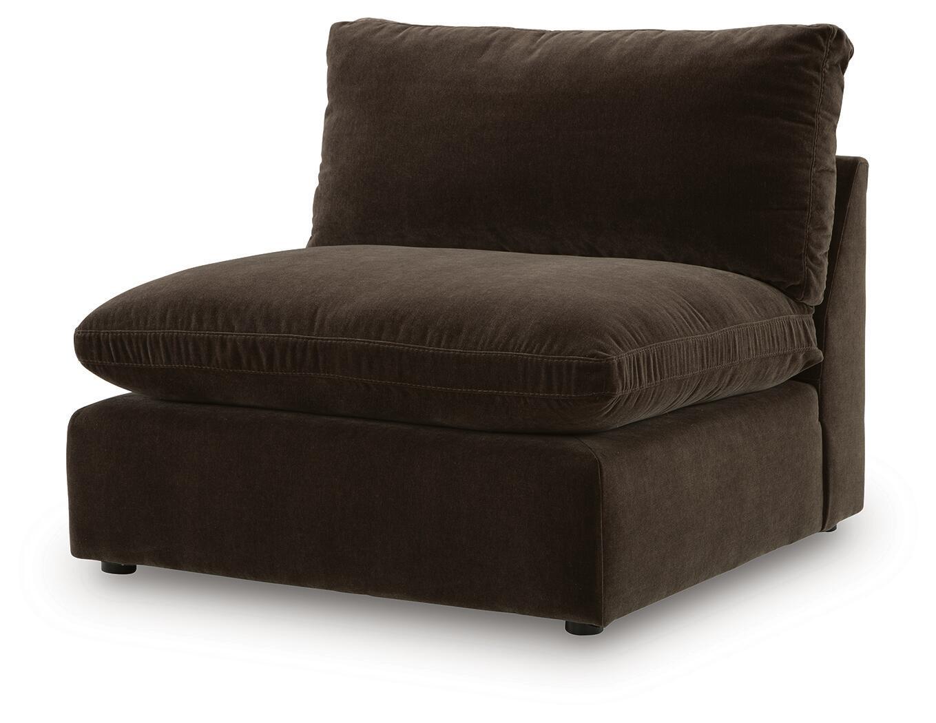 Armless chair with ottoman-style seat and tall back cushion in dark brown upholstery
