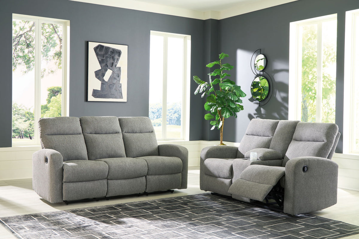 Sterling reclining sofa and loveseat set in light gray fabric with padded arms