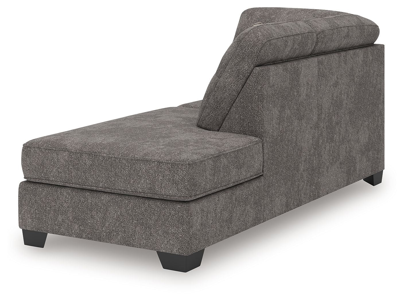 Dark gray corner chaise with rounded backrest and arm, padded seat, black legs.