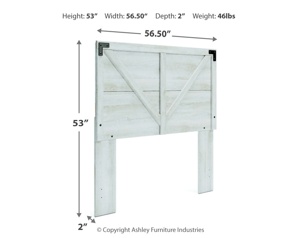 White crossbuck panel headboard with dimensions 56.50W x 53H x 2D