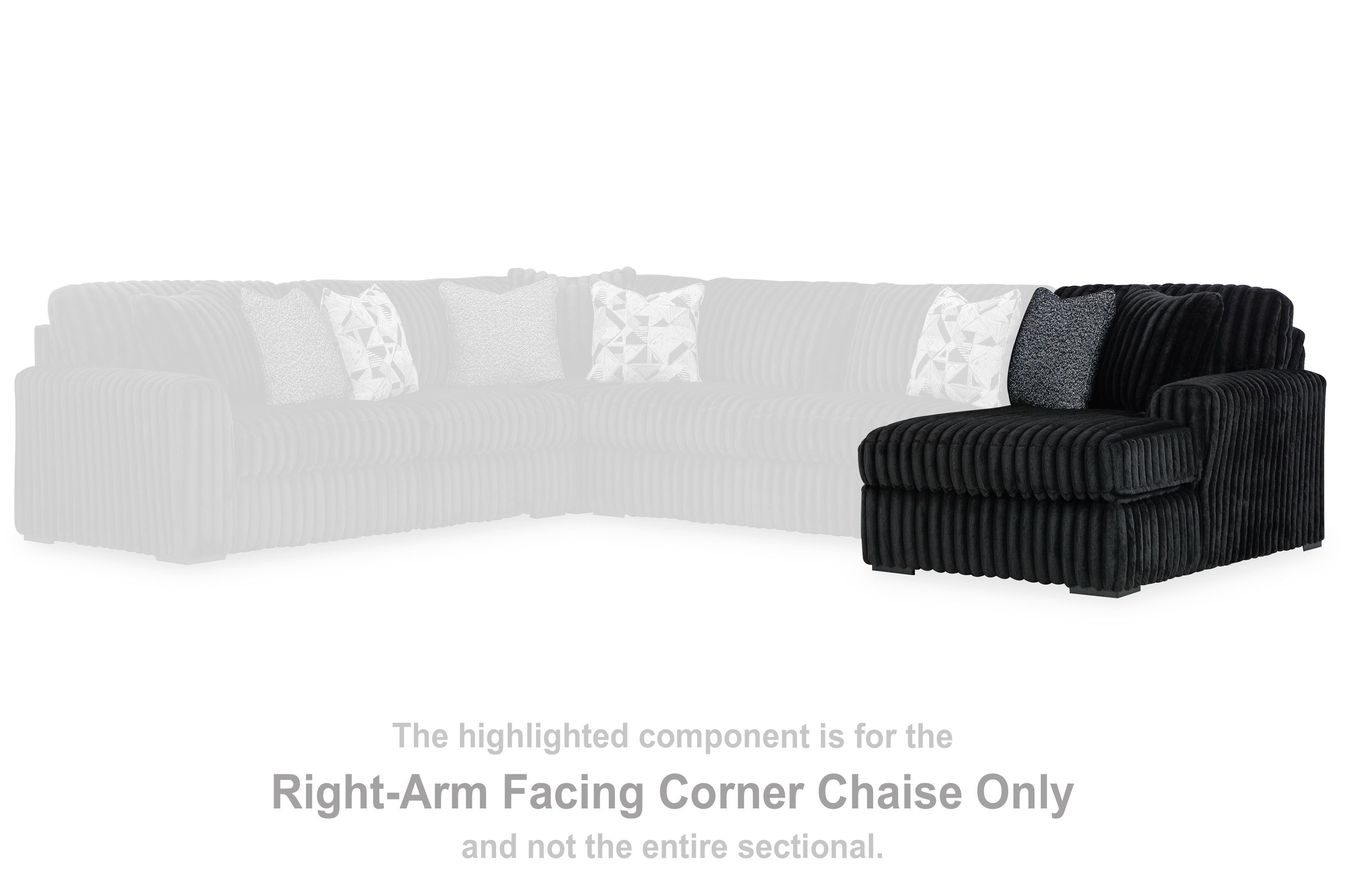 Black corner chaise section with rounded arm and thick seat cushions