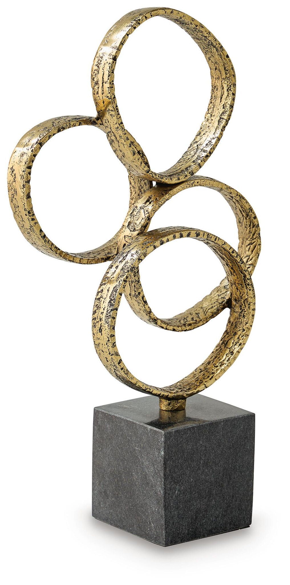 Gold-finish metal rings sculpture on dark square pedestal, three loop arrangement