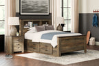 Dark brown bookcase bed with storage drawers and open headboard shelving