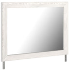 White and gray rectangular bedroom mirror with woodgrain frame and reflective glass