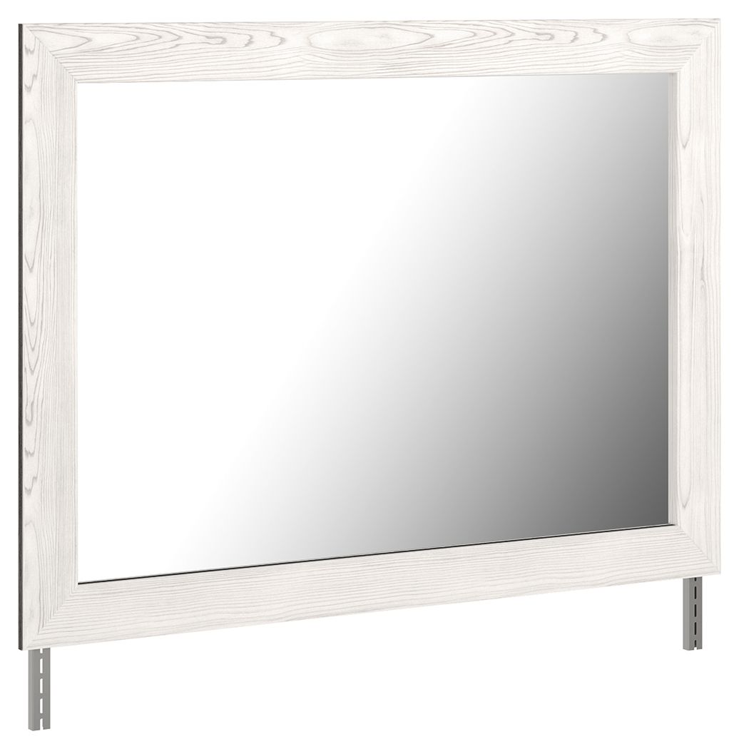 White and gray rectangular bedroom mirror with woodgrain frame and reflective glass