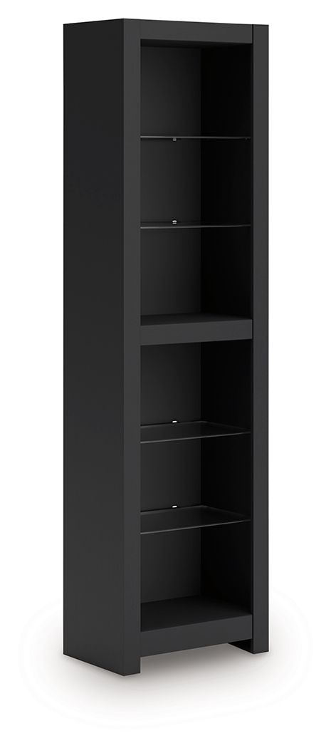 Black tall open bookshelf with multiple fixed shelves and central divider