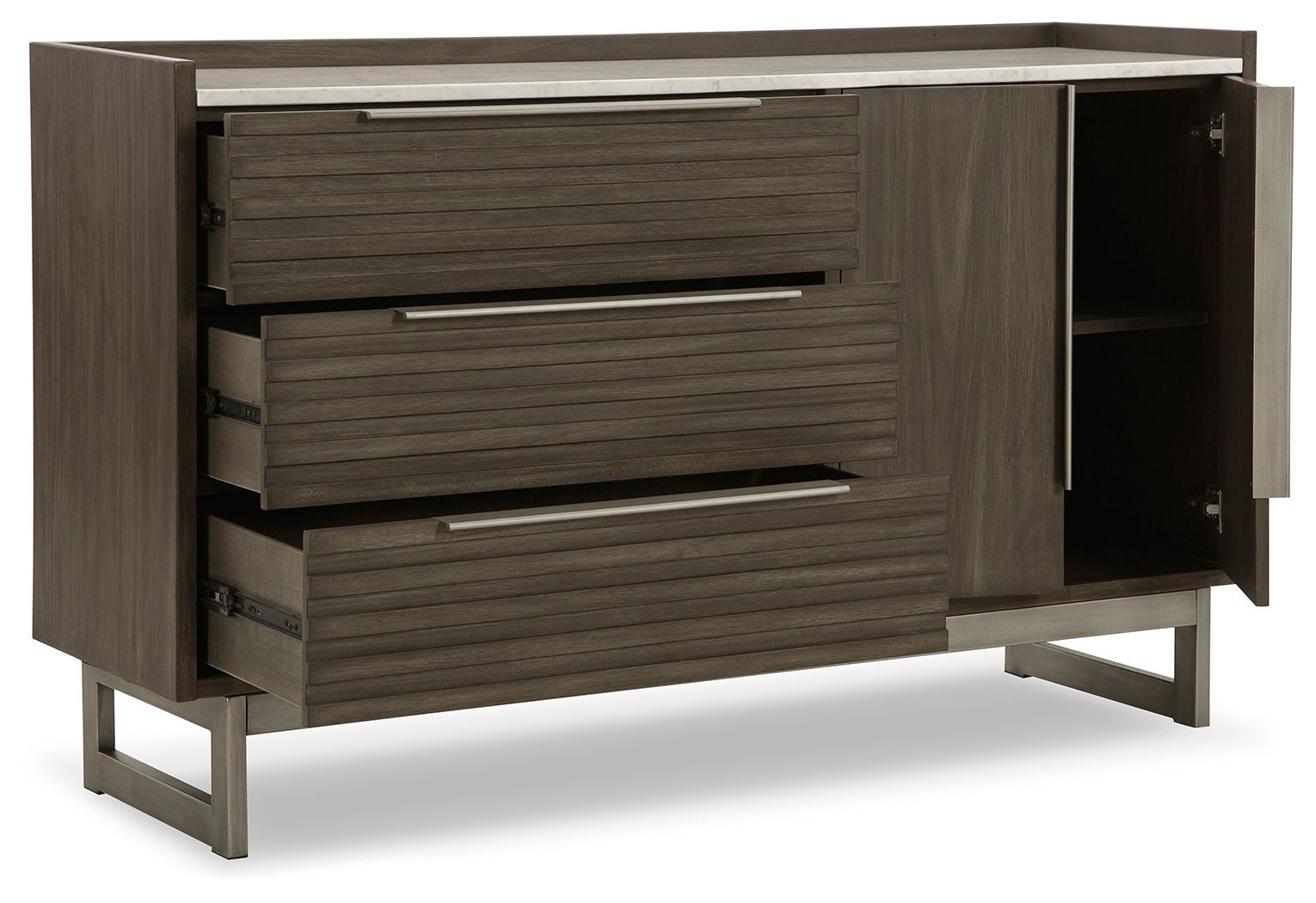 Grayish-brown wood dresser with slatted drawers and open side cabinet storage