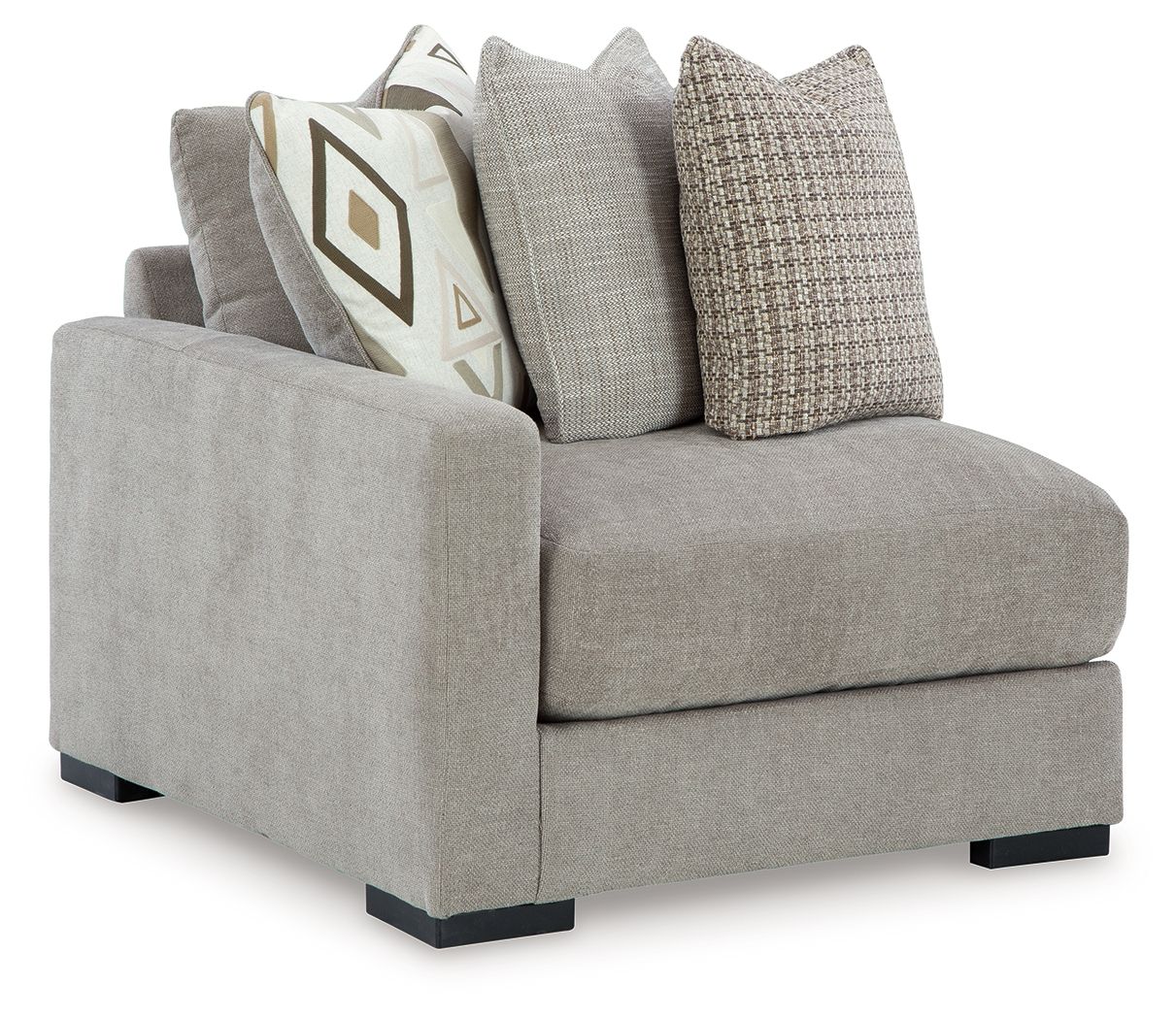 Pebble gray corner accent chair with square arms and fabric throw pillows