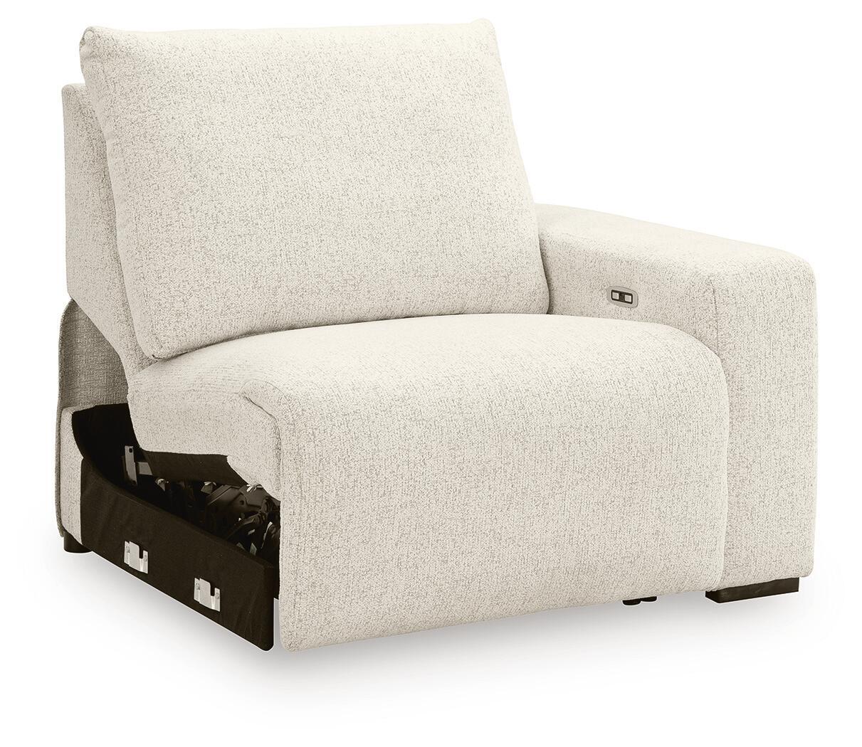 Wall power recliner chair with control panel on side, light beige upholstered seat