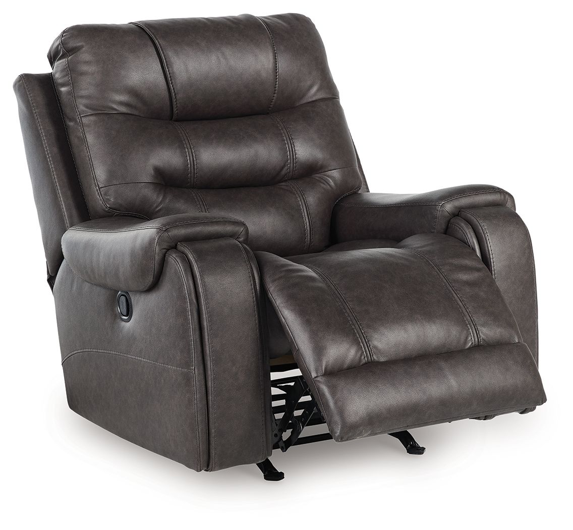Smoke rocker recliner chair with extended footrest and dark gray upholstered arms