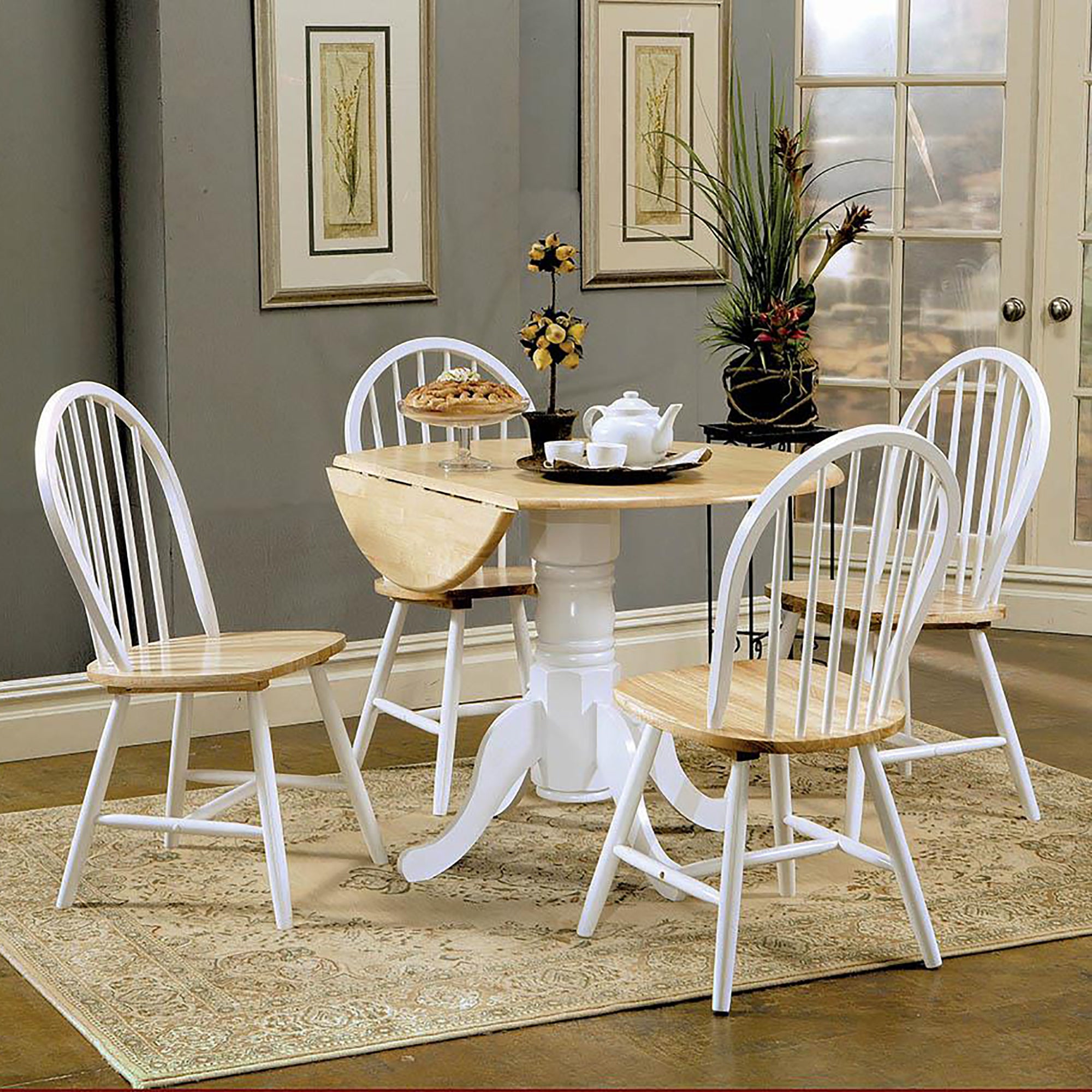Round Drop Leaf Dining Table - Brown & White
