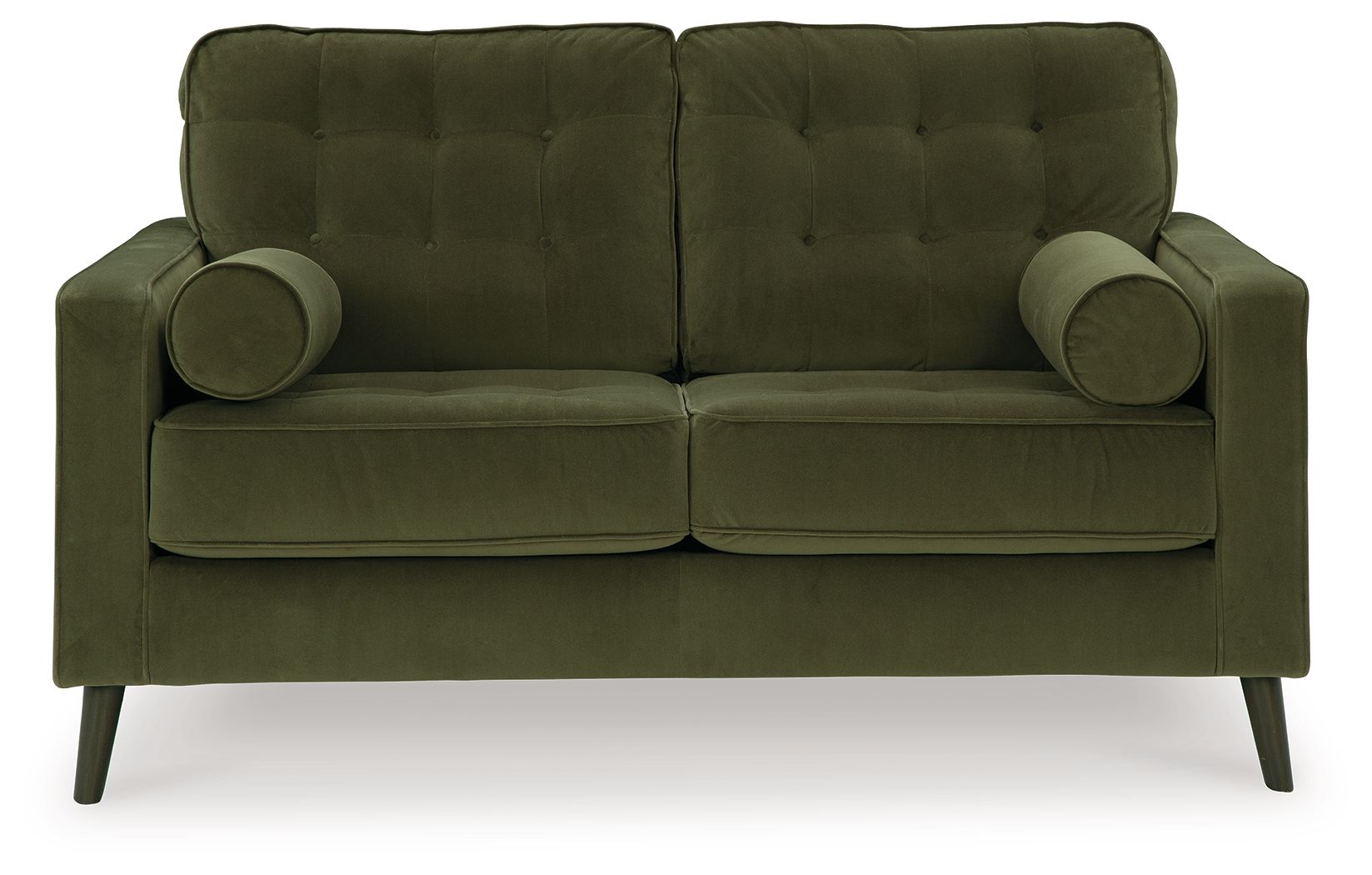 Olive green tufted loveseat with rolled arms, two seat cushions, and two bolster pillows.