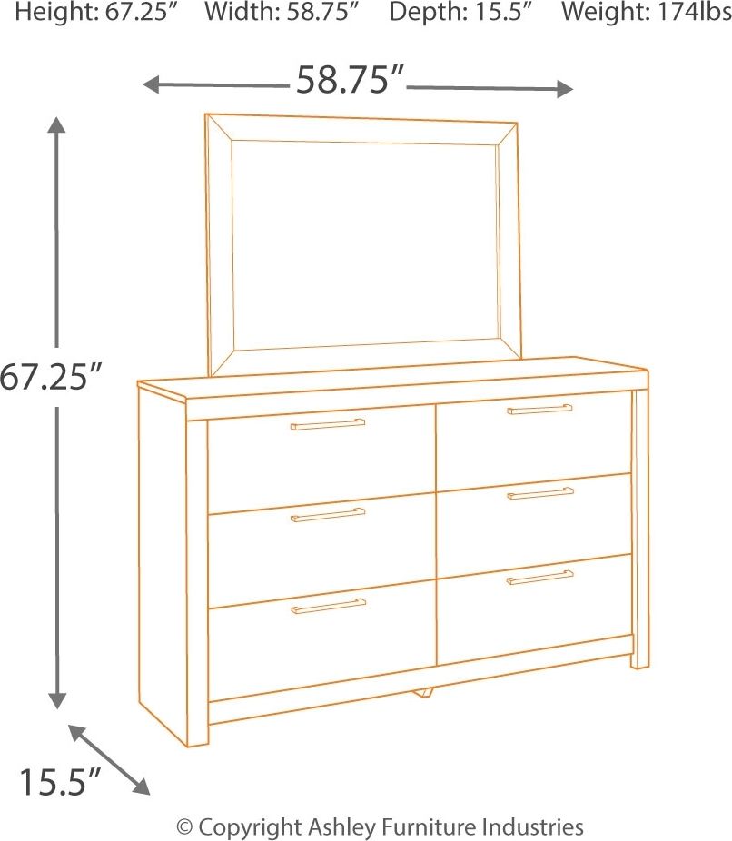 Dresser dimensions diagram with multiple drawers and metal bar pulls