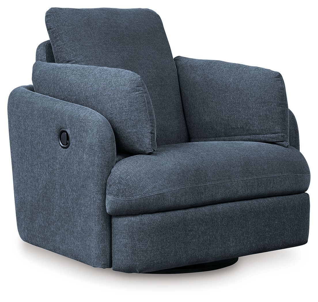 Ink blue fabric swivel glider recliner with padded headrest and arms