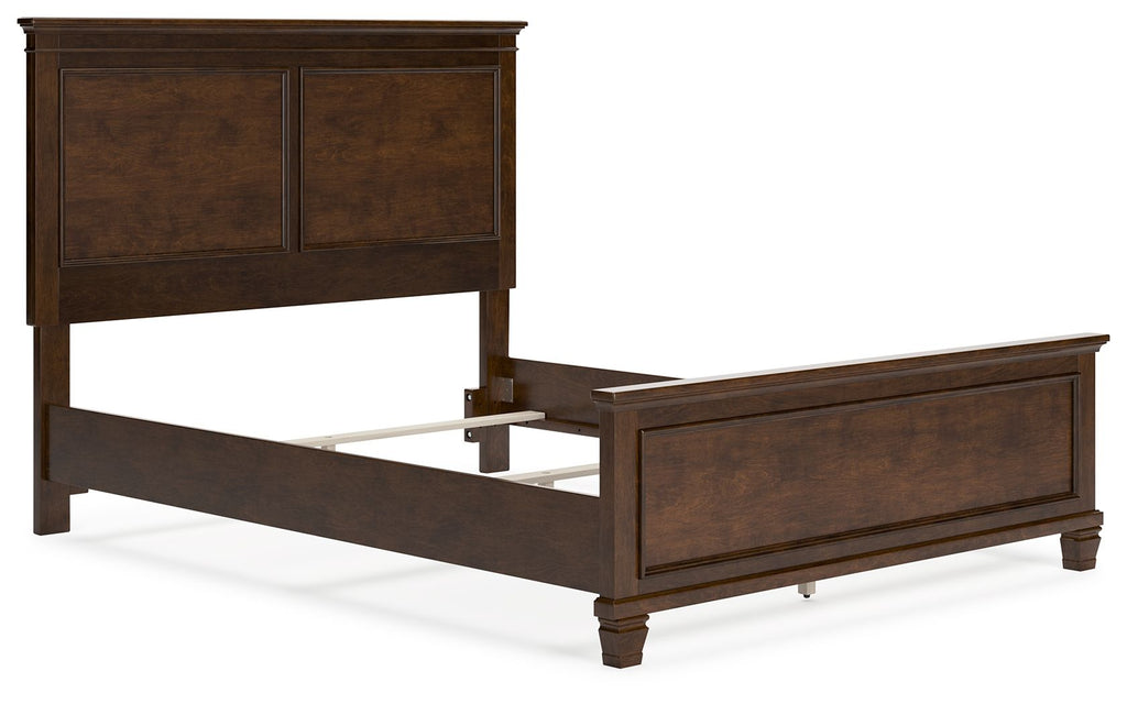 Dark brown panel bed frame with open platform base showing inner support rails.