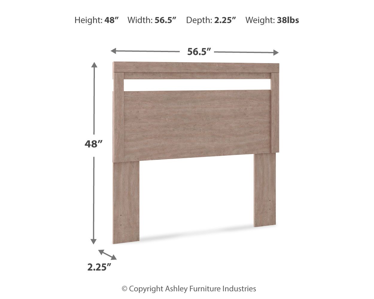 Gray full panel headboard front view with width and height dimension arrows.