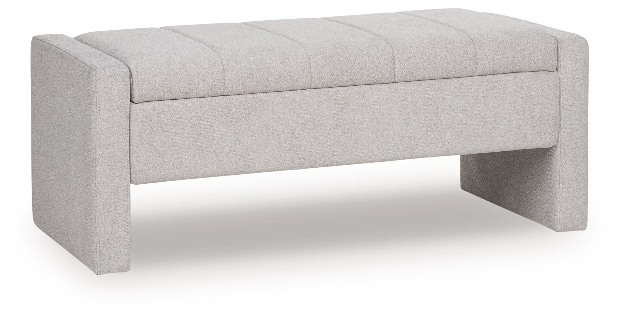 Gray storage bench with tufted upholstered top and hinged lid closed