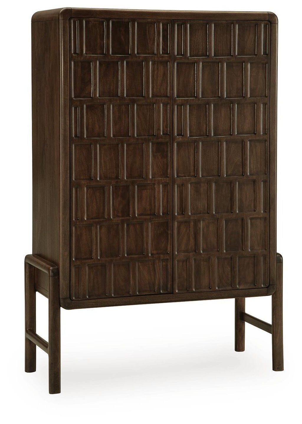 Brown accent cabinet with arched top, paneled door fronts, and side legs