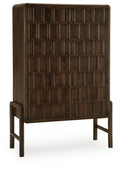 Brown accent cabinet with arched top, paneled door fronts, and side legs