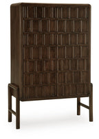 Brown accent cabinet with arched top, paneled door fronts, and side legs