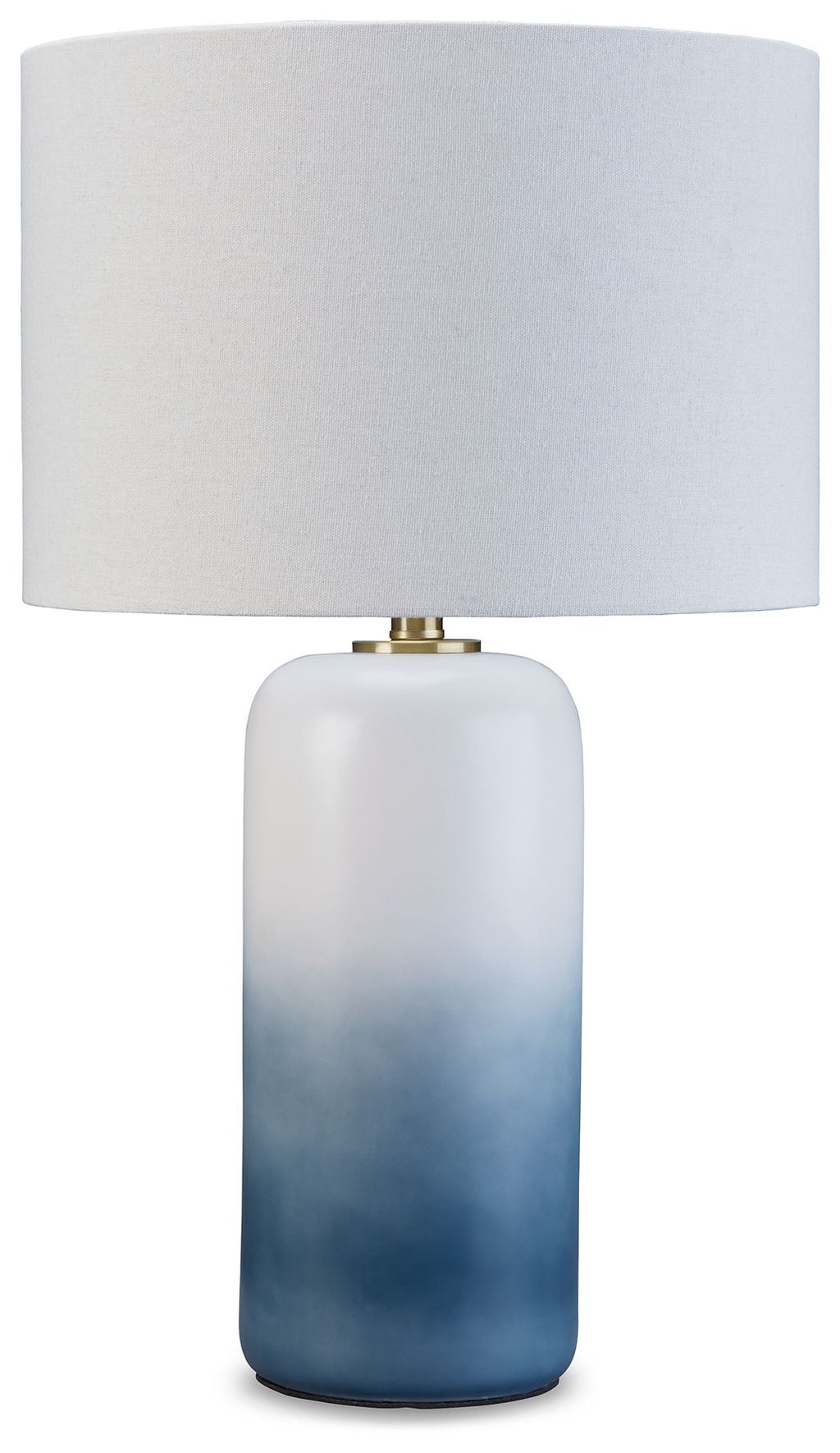 Ceramic table lamp with blue gradient base and white drum fabric shade