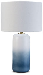 Ceramic table lamp with blue gradient base and white drum fabric shade