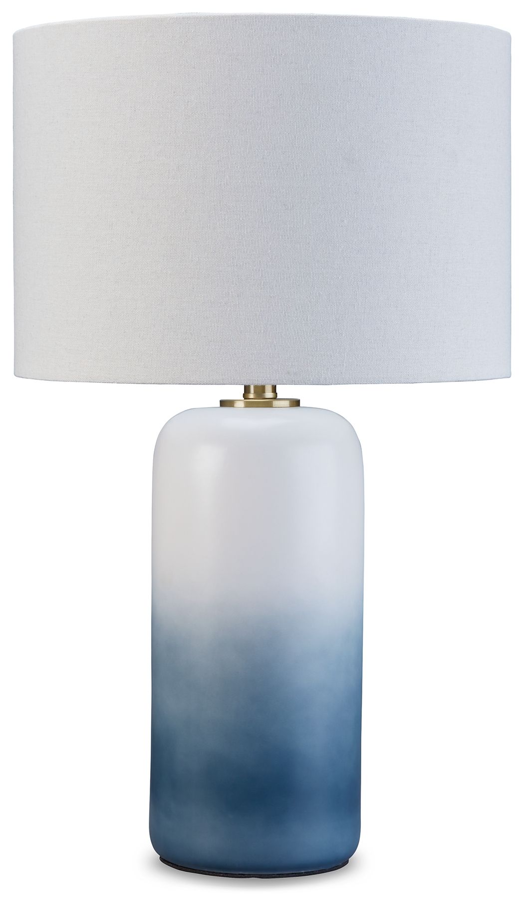Ceramic table lamp with blue gradient base and white drum fabric shade