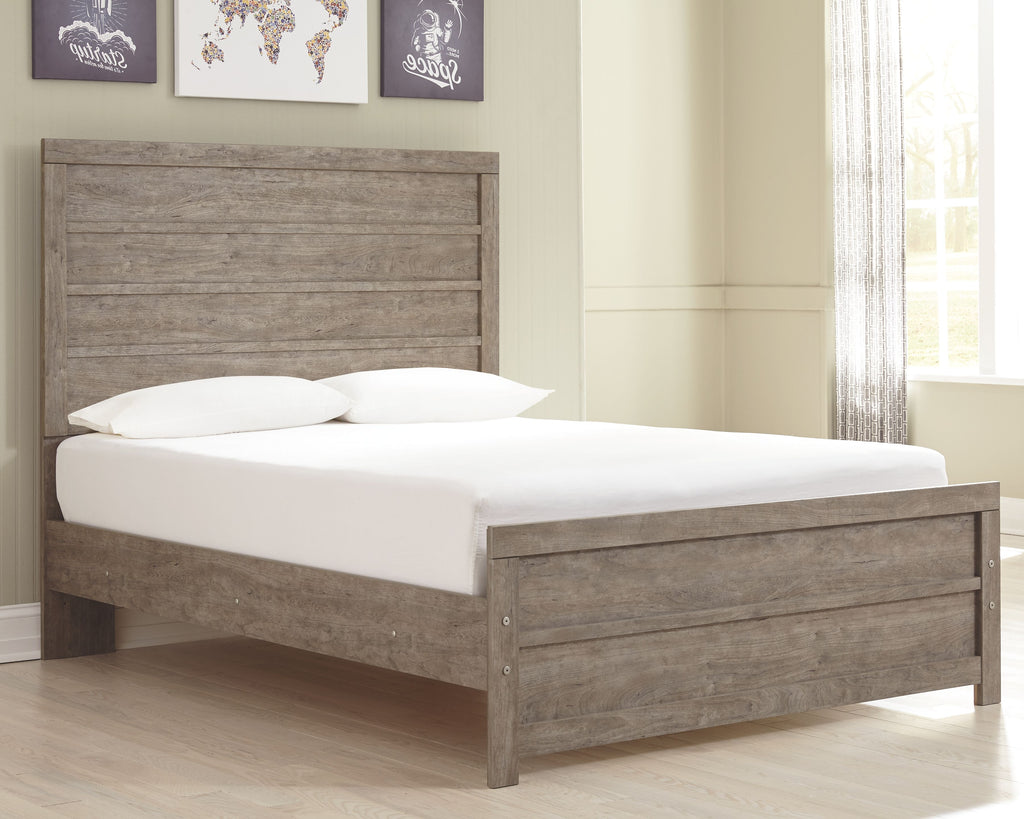 Gray wood full panel headboard and footboard with horizontal slats