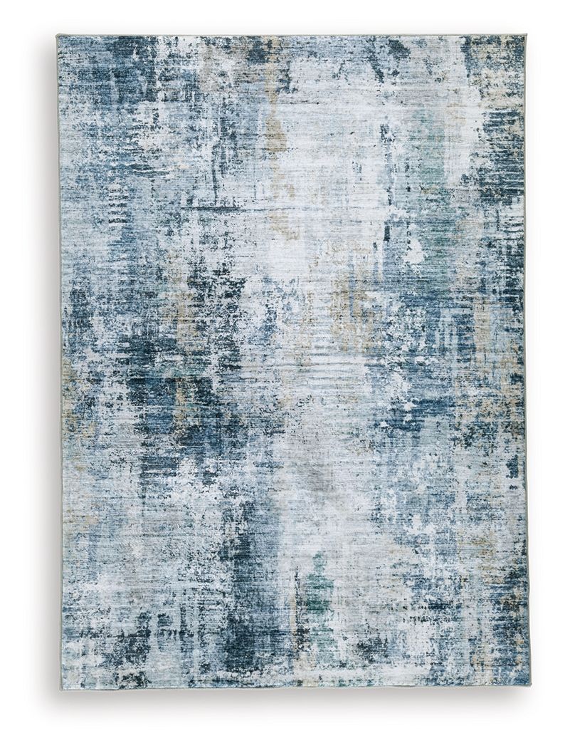 Blue and white distressed abstract rug with flat woven texture, square view