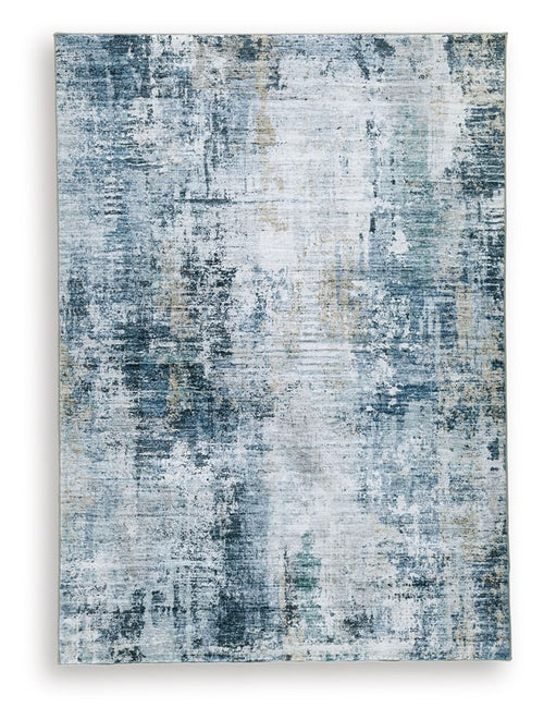 Blue and white distressed abstract rug with flat woven texture, square view