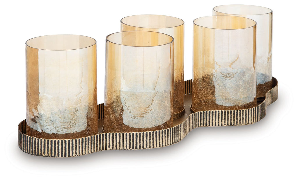 Antique gold candle holder with five unlit clear cylindrical glass cups on ridged base