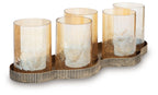 Antique gold candle holder with five unlit clear cylindrical glass cups on ridged base