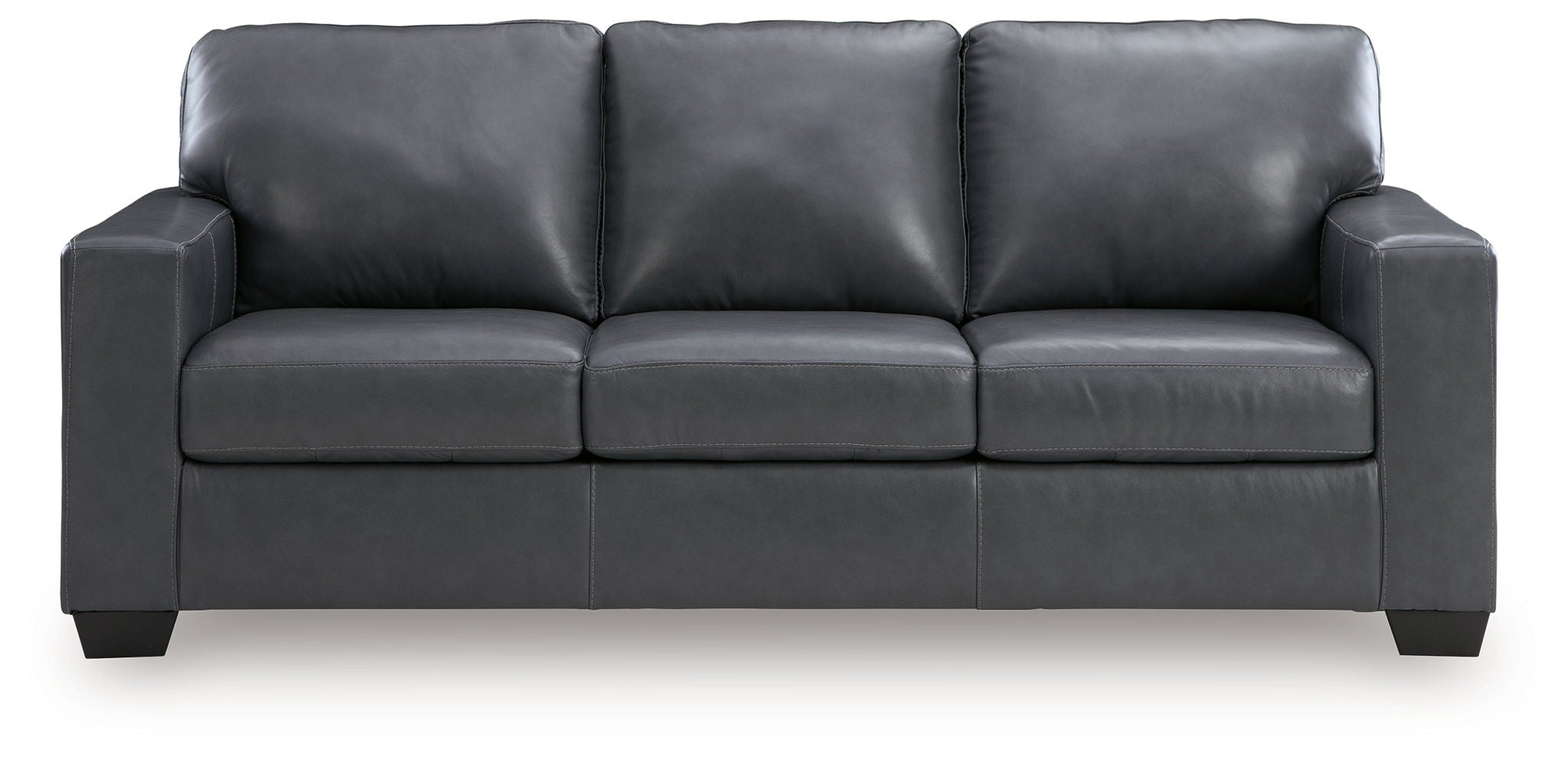 Dark gray leather sofa with three seat cushions and squared arm panels