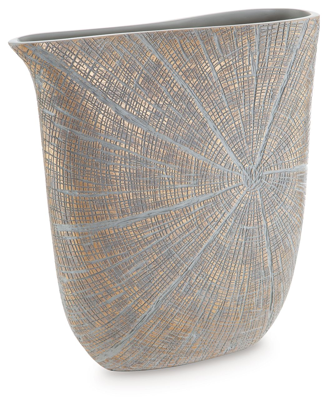 Blue-gray vase with radial mosaic pattern and wide angled top rim