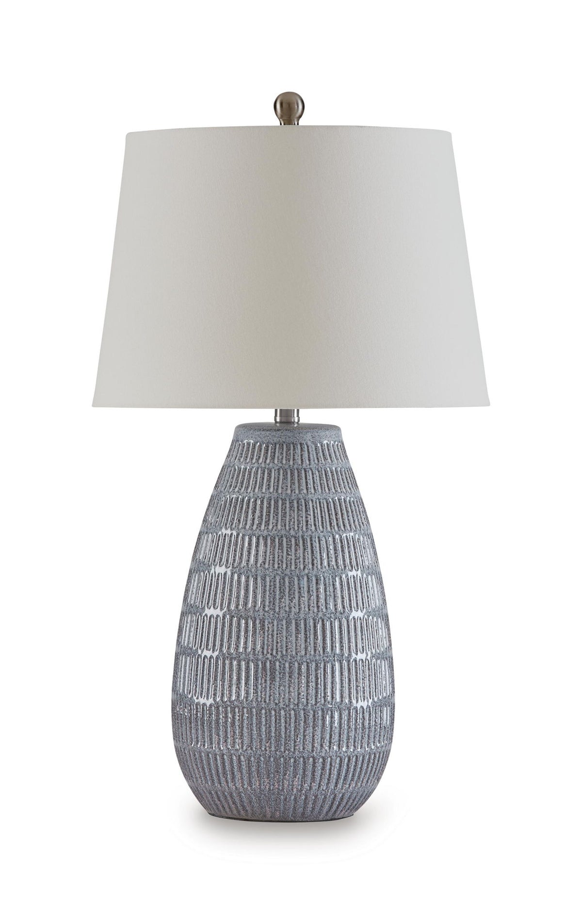 Ceramic table lamp with white drum shade and blue-gray ribbed ceramic base