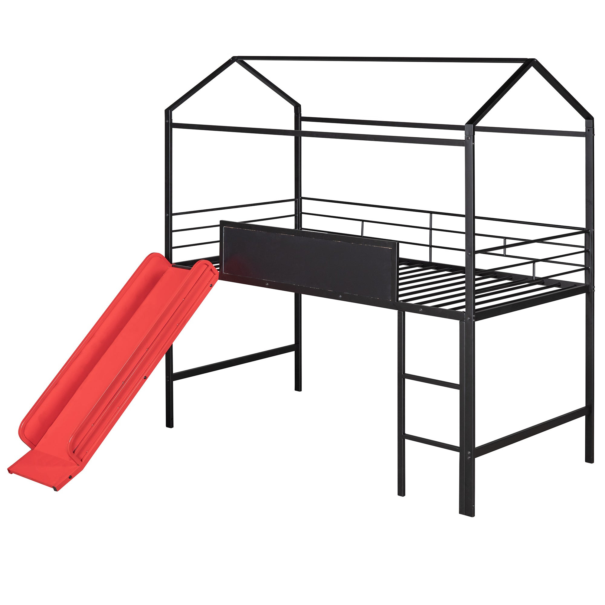 Twin Metal Loft Bed: Slide, Two-Sided Writable Board, Black/Red