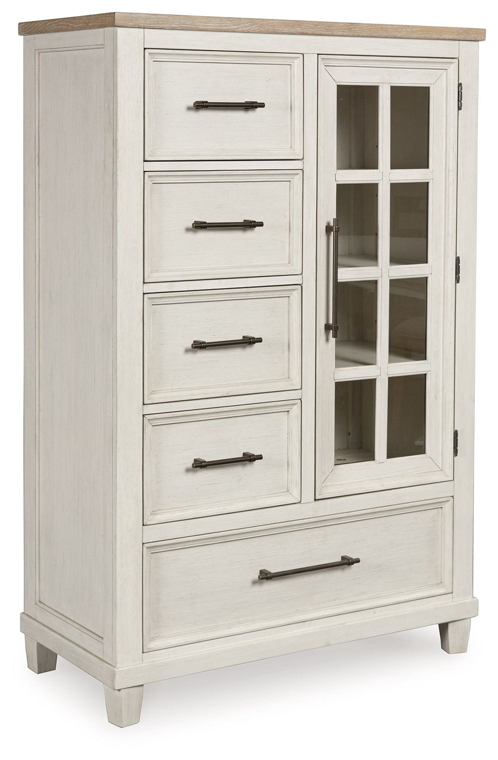 Antique white door chest with glass-pane door and four drawers, metal pulls