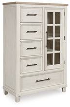 Antique white door chest with glass-pane door and four drawers, metal pulls
