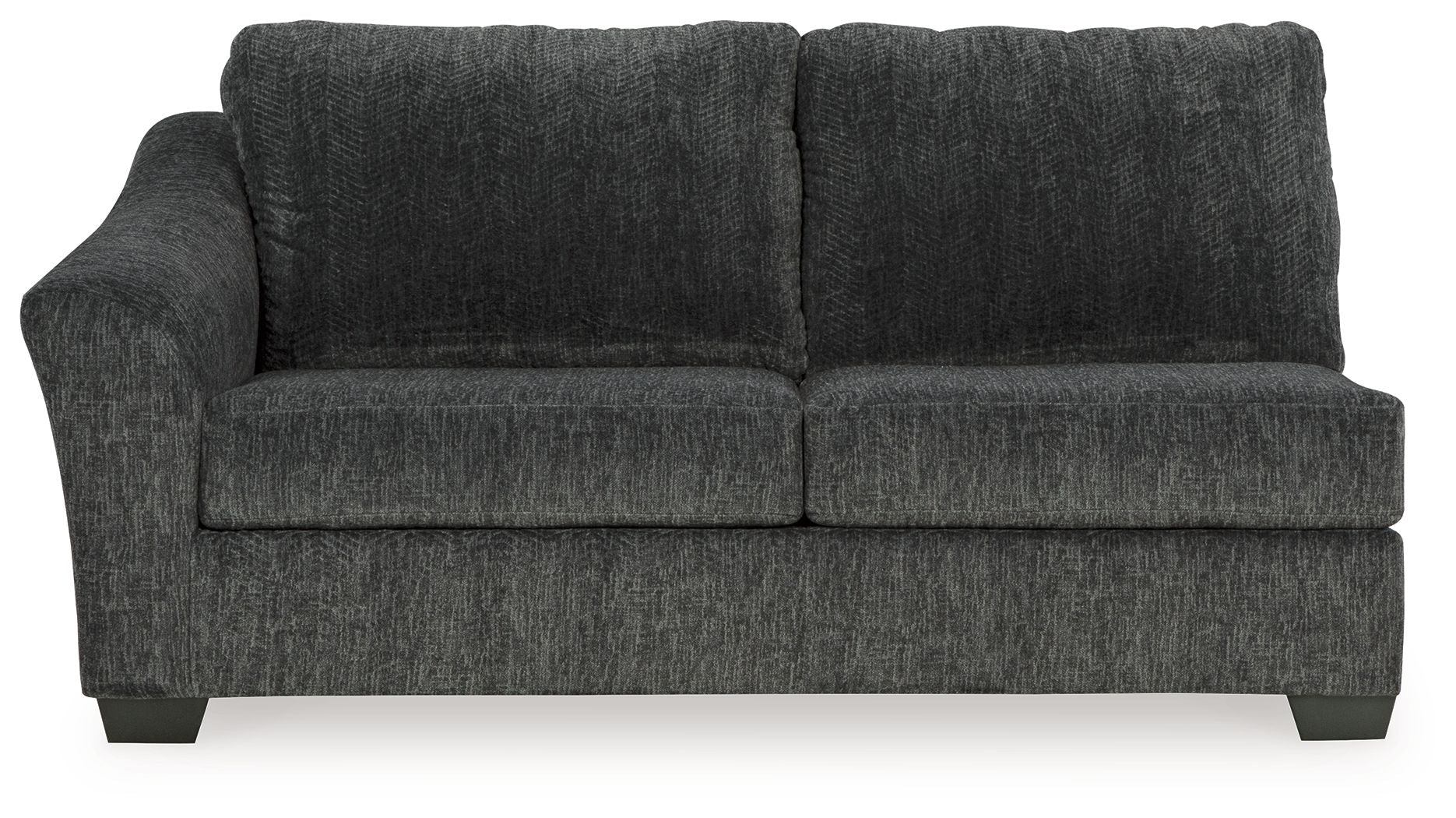 Dark gray fabric sofa sleeper with padded arms and tufted back cushions