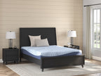 Blue memory foam mattress on a bed frame with a dark blue side panel