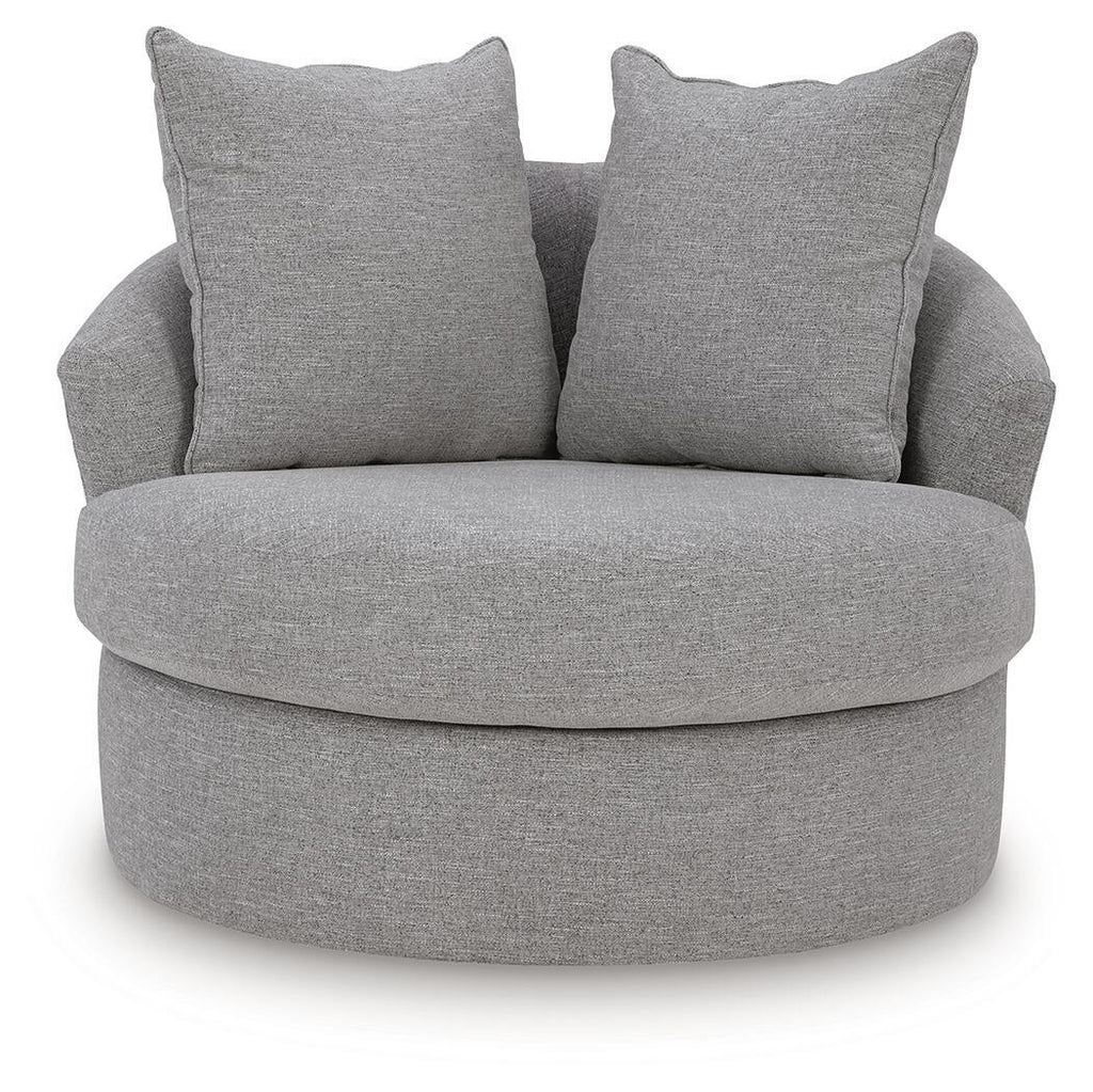 Pewter fabric swivel accent chair front view with two back cushions