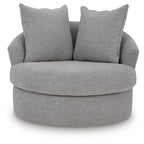 Pewter fabric swivel accent chair front view with two back cushions