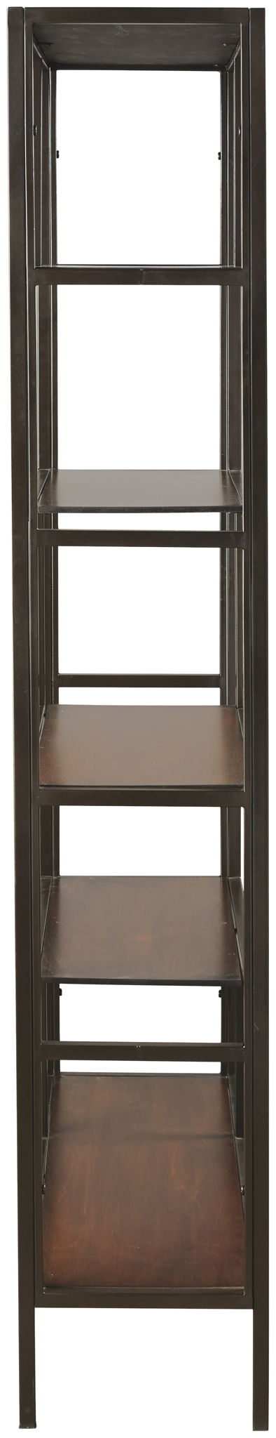 Tall dark brown bookcase with four glass shelves and open sides