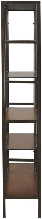 Tall dark brown bookcase with four glass shelves and open sides