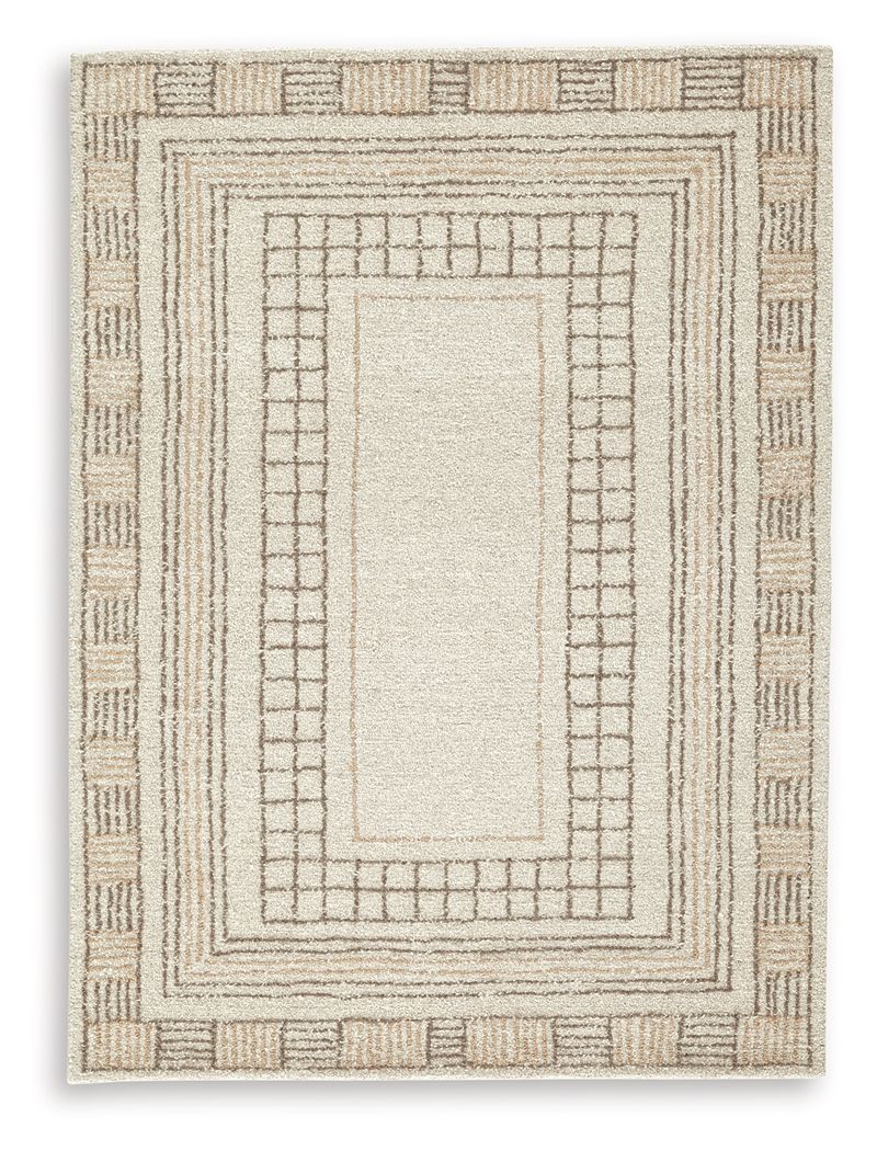Beige area rug with rectangular center panel and layered geometric frames