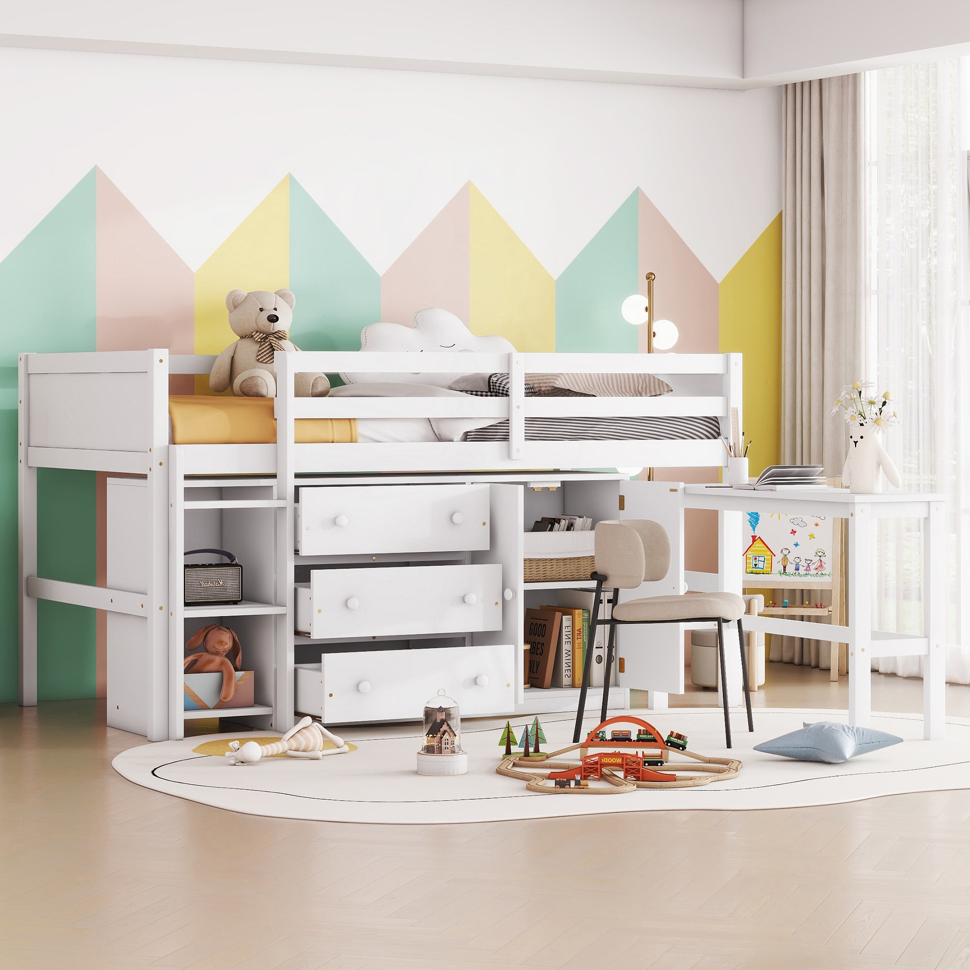 White Twin Low Loft Bed w/ Pull-Out Desk, Storage & Shelves